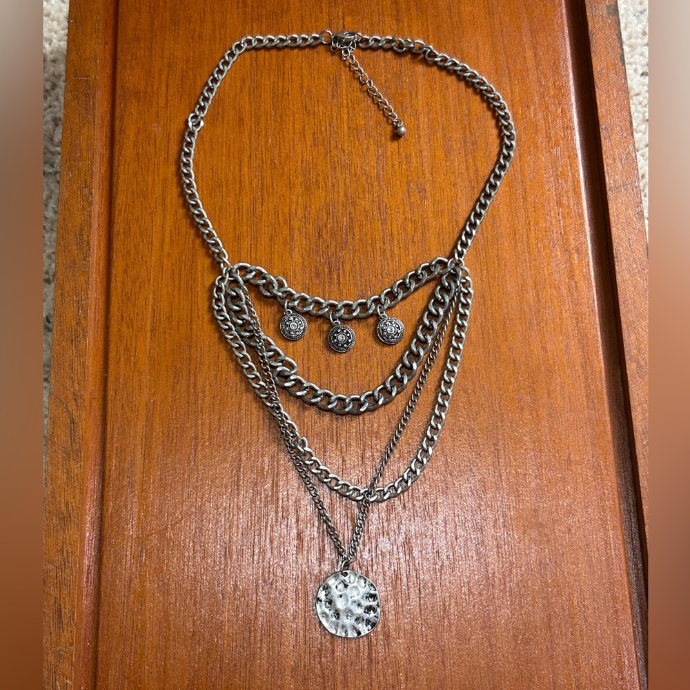 Silver Toned Chic Multi Layer Chain Necklace With Medallion Pendant